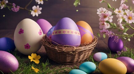 Obraz na płótnie Canvas easter eggs in a basket, easter eggs in a nest, easter eggs in the grass, colored easter eggs, happy easter scene