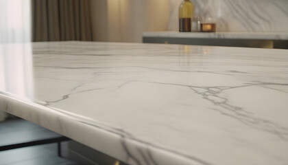 White Marble table close-up on top with modern classy elegant lux posh contemporary home or hotel interior design background