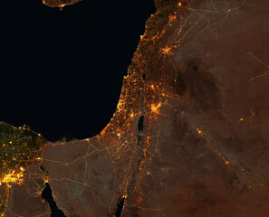 Night satellite view of Israel, Gaza Strip, West Bank, Lebanon, Syria, Jordan and Egypt. City and...