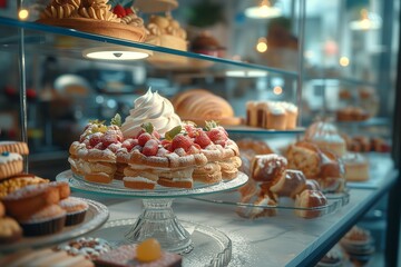 Showcase of a pastry bakery with a dish of cakes