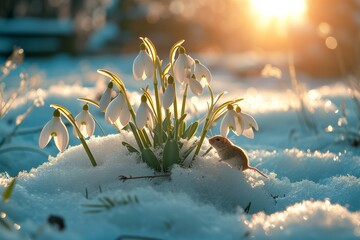 A little mouse looks at snowdrops in the snow in the spring sunshine