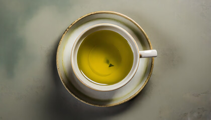 overhead view of a single cup filled with aromatic green tea