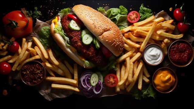 Various fast foods on the table, hamburgers, french fries, drinks, sauces