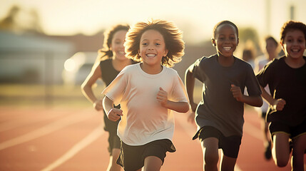 Multi diverse multi ethnic kids running on athletic track, showcasing a healthy active lifestyle for little children - Powered by Adobe