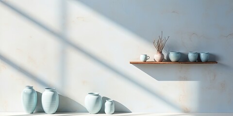 Simple pale blue backdrop for displaying products. Shadows and light cast by windows on plaster wall.