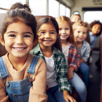 Happy children's sitting inside on school bus