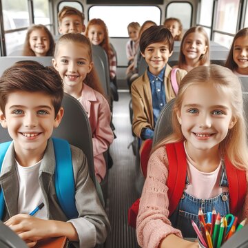 Happy children's sitting inside on school bus
