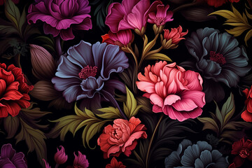 Multicolor flowers and leaves on dark background with floral design wallpaper  - obrazy, fototapety, plakaty