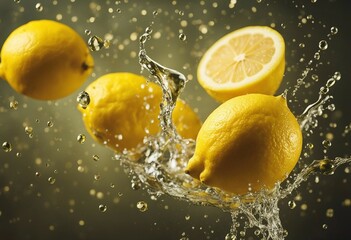 Ripe lemons flying in the air with splashes of water on yellow background