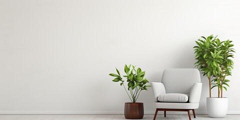 Trendy room with cozy chair and plant by a white wall. Text area available.