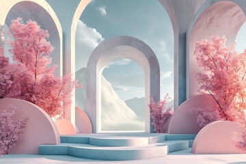 Pastel abstract illustration depicting pink arched staircase steps with empty space for mock up product presentation against a blue sky background - obrazy, fototapety, plakaty