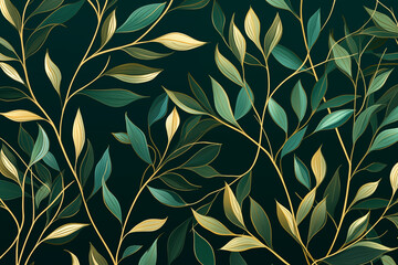 Botanical abstract green wallpaper with golden branches and leaves  pattern in line art on watercolor background for banner design, textile, print.
