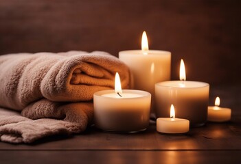 Fototapeta na wymiar Spa brown background with towels candles and copy space
