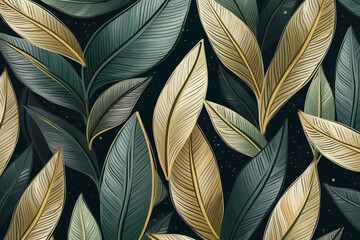 Botanical abstract green wallpaper with golden leaves pattern in line art on watercolor background for banner design, textile, print.