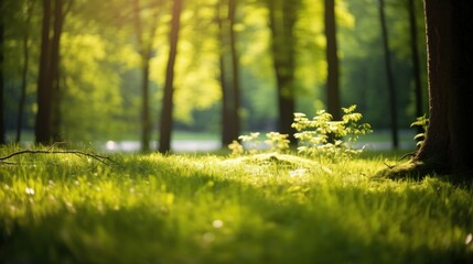 Sunlit forest clearing with lush green grass and trees.