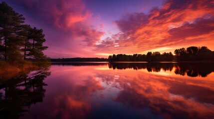 Stunning sunset over tranquil lake with silhouetted trees