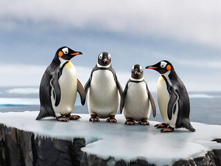 A family of penguins huddled together on an icy cliff overlooking the vast expanse of the Antarctic