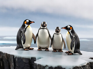 Obraz premium A family of penguins huddled together on an icy cliff overlooking the vast expanse of the Antarctic