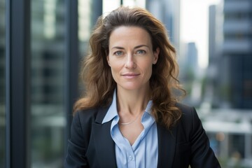 Fototapeta premium Portrait of smiling businesswoman standing in office, looking at camera.