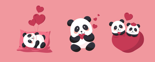 cute panda object set with heart for valentine's day.illustration vector for postcard,icon,sticker