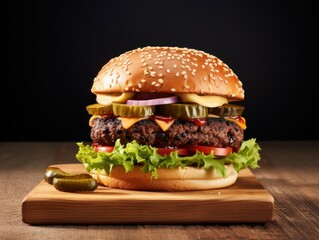 Big tasty cheeseburger on wooden table, isolated on black background