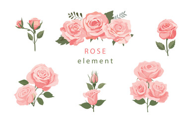 pink rose object element set with leaf.illustration vector for postcard,sticker - obrazy, fototapety, plakaty