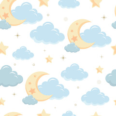 Baby shower seamless pattern for boy with balloon, cloud,sky, blue,star