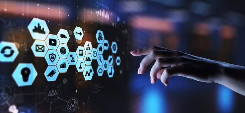 Mixed media, Business intelligence icons on virtual screen, analysis and big data processing dashboard. Business and modern information technology concept.
