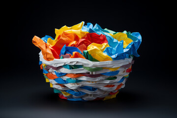 Trash basket with colorful crumpled paper inside with copy space against dark background