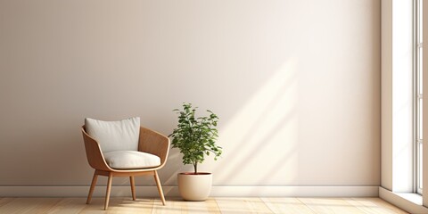 Fototapeta na wymiar Furnished room with plant and chair by window.