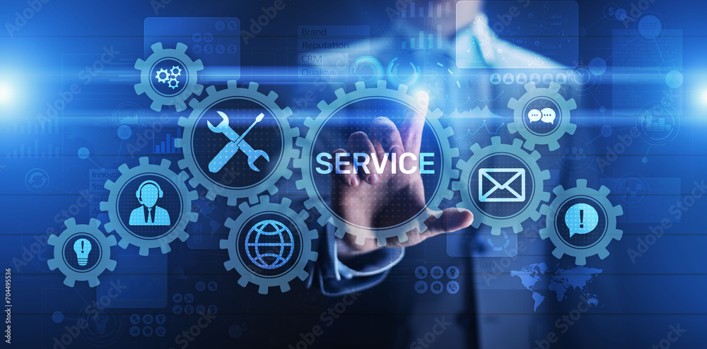 Poster Service support customer help call center Business technology button on virtual screen.