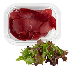Smoked meat in a plastic box and fresh vegetables cut out isolated transparent background