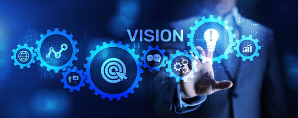 Vision mission business development strategy concept on virtual screen.