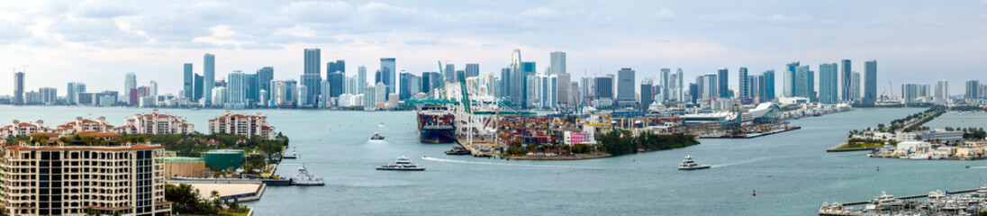 Wide aerial panoramic view of Miami, city skyline. Florida, USA. January 3, 2024.