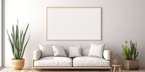 Modern boho style interior with a mockup of a blank white canvas on a gray wall, featuring a poster artwork template and an empty frame.