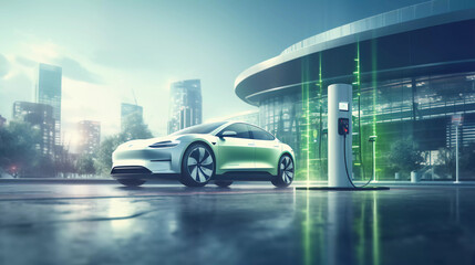Innovative electric car connected to charging station with future architecture building background. Technological advancement rechargeable EV car using alternative clean and sustainable energy.  - obrazy, fototapety, plakaty