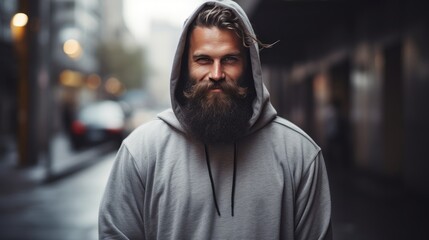 Smiling Man in Grey Hoodie in the City