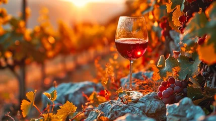 Fotobehang Banner with a glass of fresh chilled ice red or rose wine with grapes, on a sunny background. Vineyard of Italy at sunset. Drink for party, wine shop or wine tasting concept with copy © Pink Zebra
