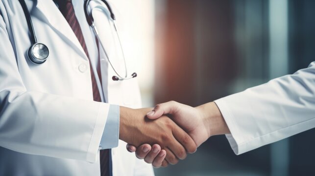 Doctor and patient shaking hands closeup, blur hospital interior background