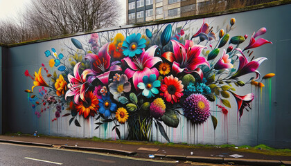 Naklejka premium Spring flowers graffiti in an urban setting.