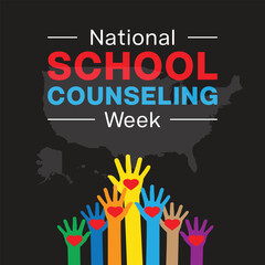 National School Counseling Week design. It features several open palm hand. Vector illustration