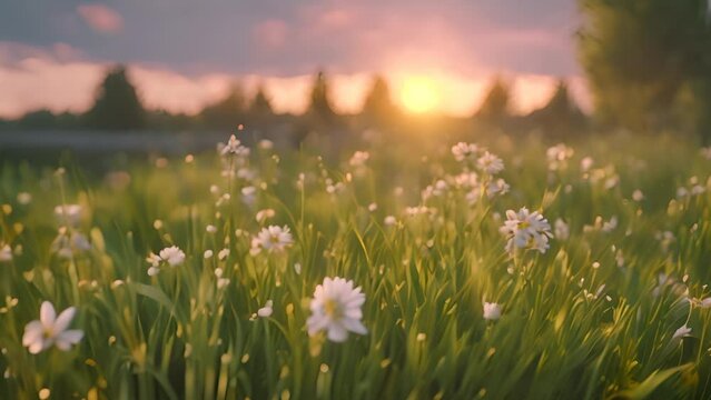 Tranquil sunset over blooming meadow. Peaceful nature and twilight.