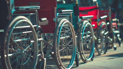 Fototapeta na wymiar Mobility Mosaic: Wheelchairs Aligned in Unity. Generative AI