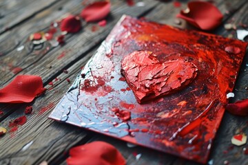 Painted handmade postcard with red heart on a wooden background with rose petals, gift for Valentine's Day
