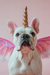 White french bull dog wants to be a unicorn, wears fake horn and fake wings, pastel pink background, close up