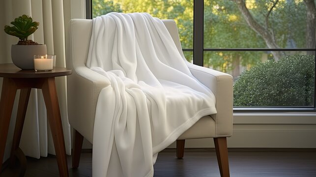 An image of a white fleece blanket draped over a chair, 