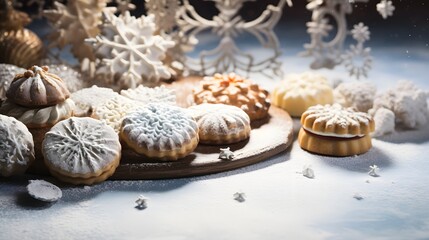 Obraz na płótnie Canvas winter themed desserts top on snow flakes decoration