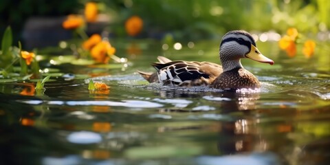 A beautiful duck quacks in the pond 