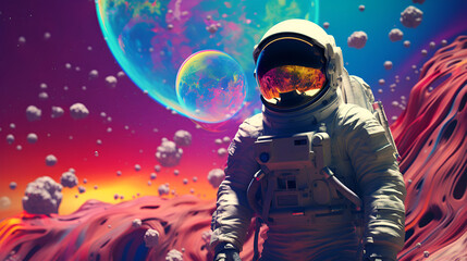 A man wearing a spacesuit standing on an alien planet created with Generative AI technology