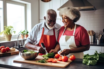 A couple of black seniors cooking the dinner together in a modern kitchen.